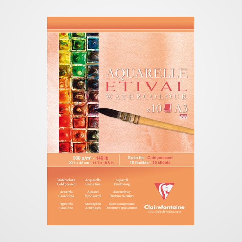 BLOC DE DIBUJO CLAIREFONTAINE ETIVAL ACUARELA ENCOLADO BLANCO GRANO FINO A3 300g 10h