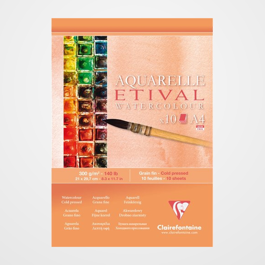 BLOC DE DIBUJO CLAIREFONTAINE ETIVAL ACUARELA ENCOLADO BLANCO GRANO FINO A4 300g 10h