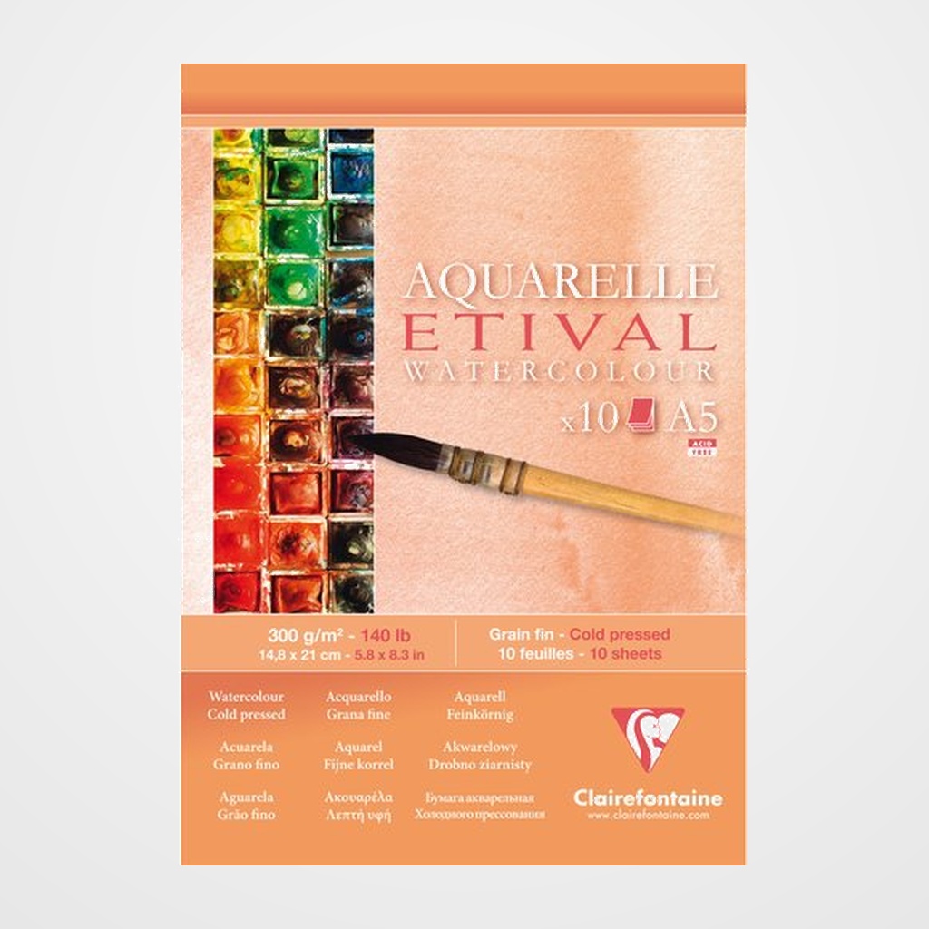 BLOC DE DIBUJO CLAIREFONTAINE ETIVAL ACUARELA ENCOLADO BLANCO GRANO FINO A5 300g 10h