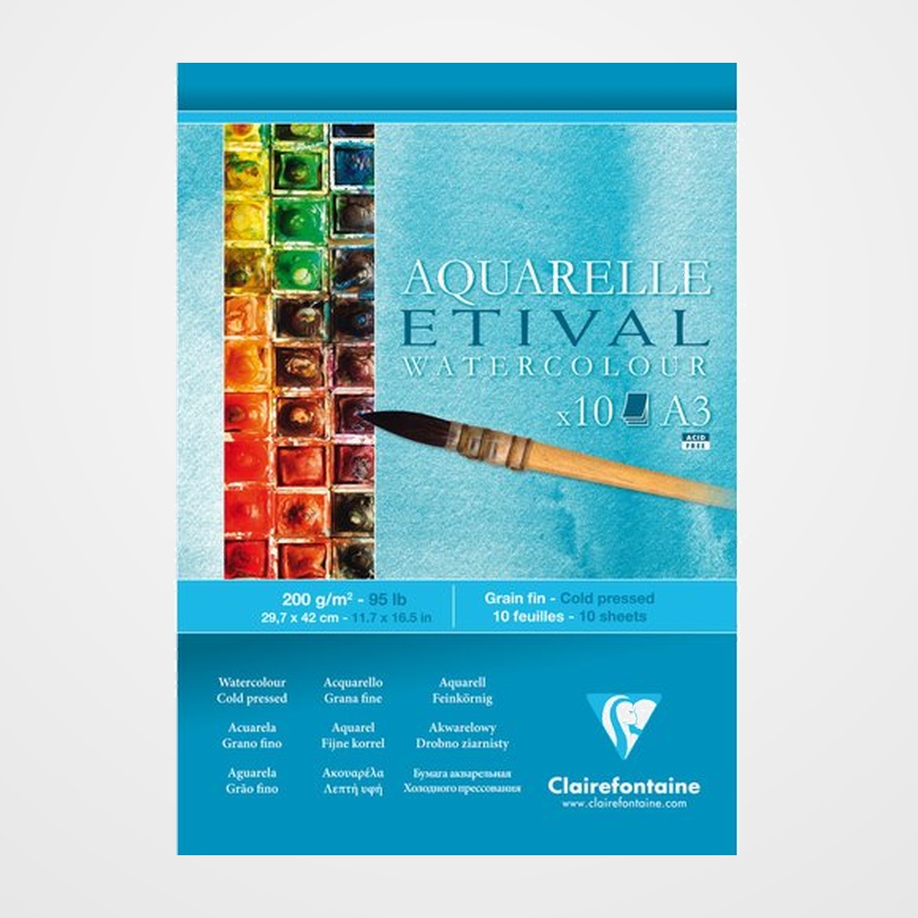 BLOC DE DIBUJO CLAIREFONTAINE ETIVAL ACUARELA ENCOLADO GRANO FINO A3 200g 10h