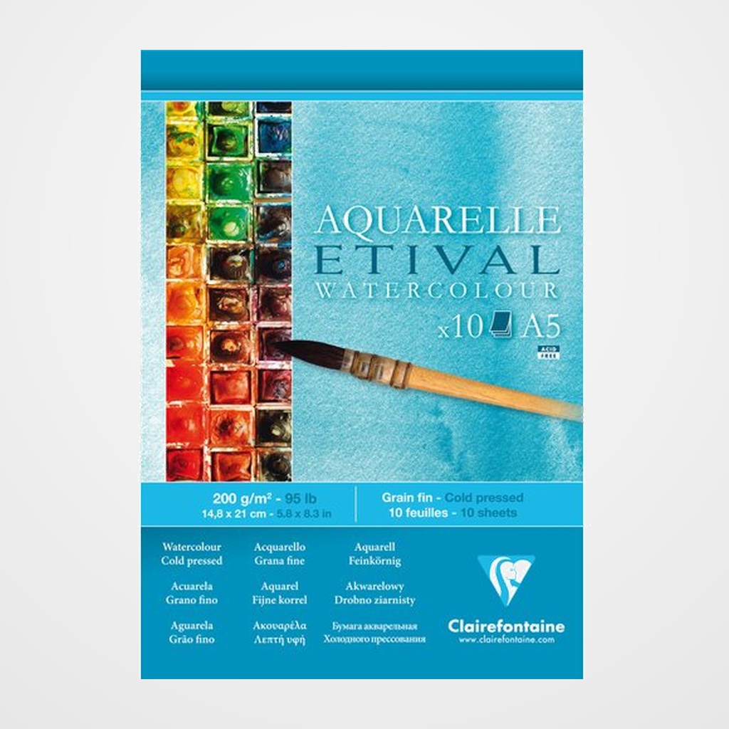 BLOC DE DIBUJO CLAIREFONTAINE ETIVAL ACUARELA ENCOLADO GRANO FINO A5 200g 10h