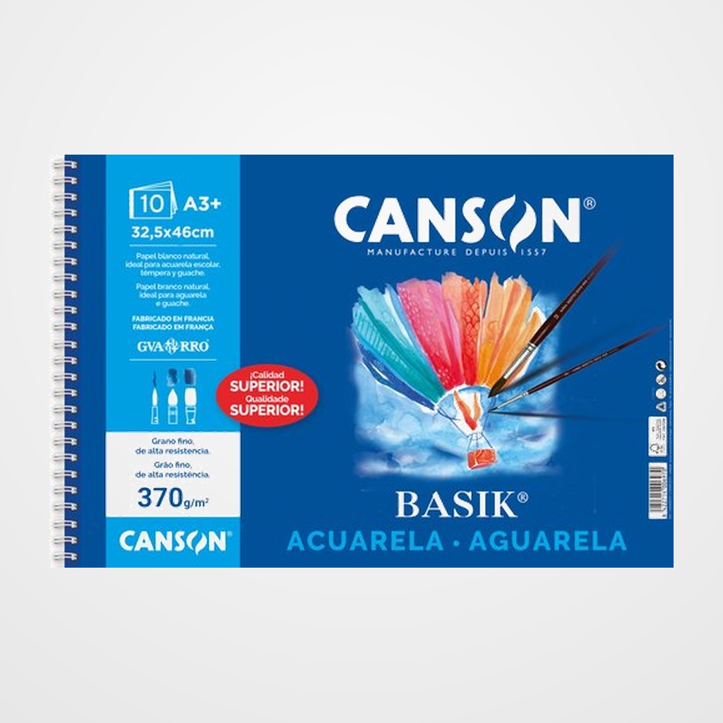 BLOC DE DIBUJO GUARRO-CANSON BASIK CON ESPIRAL ACUARELA y TEMPERA A3+ 370g 10h