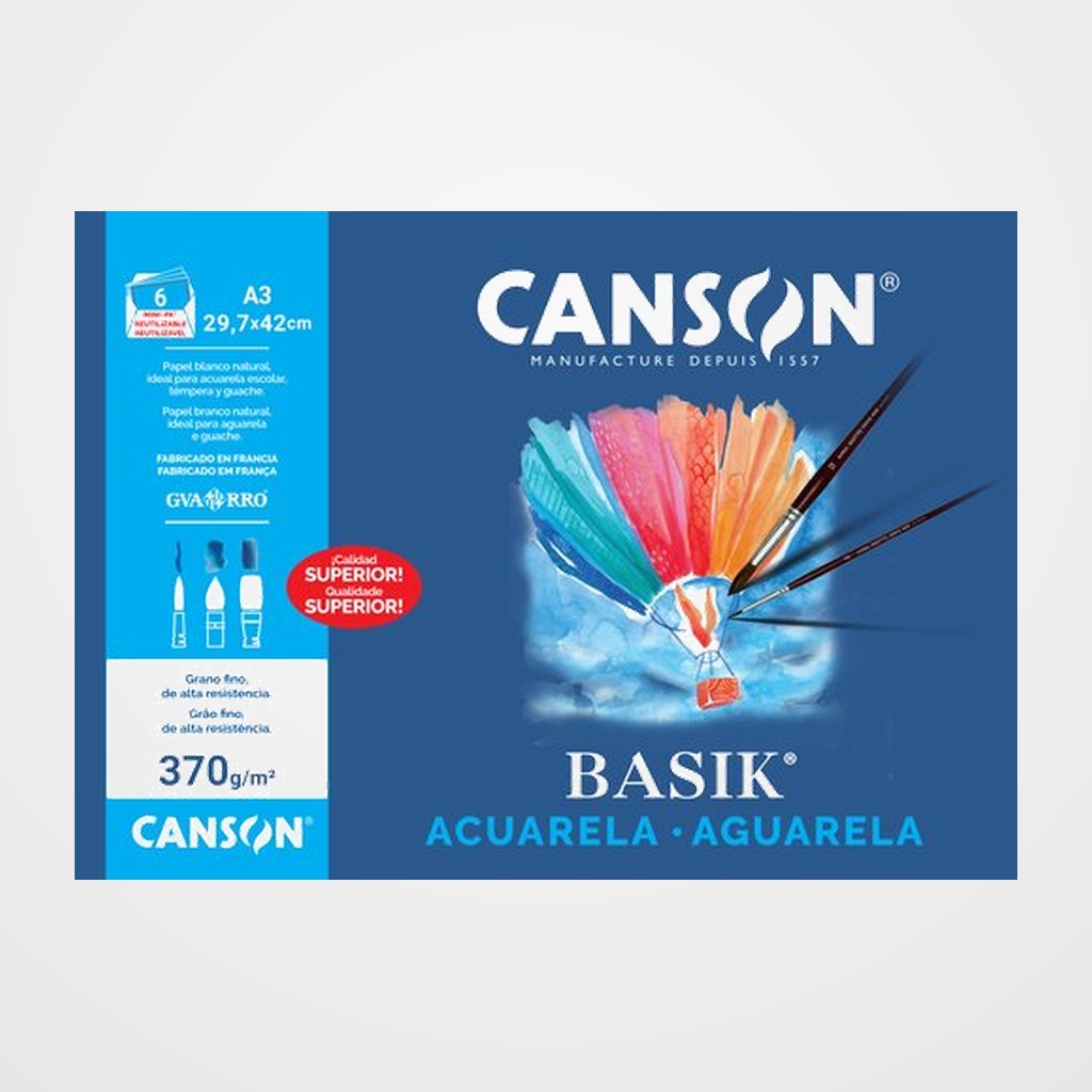 LAMINA GUARRO-CANSON ACUARELA y TEMPERA BASIK 370g A3 MINI-PACK de 6