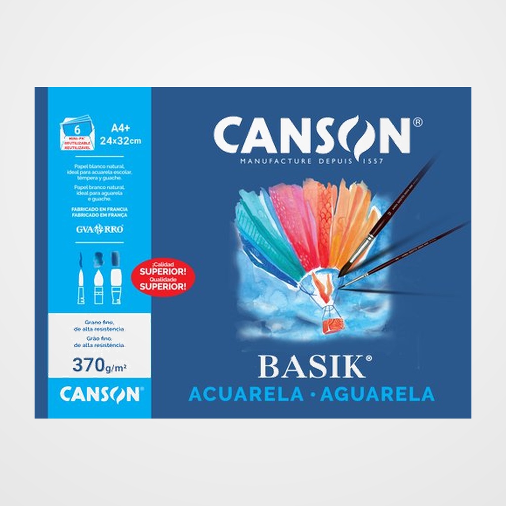 LAMINA GUARRO-CANSON ACUARELA y TEMPERA BASIK 370g A4+ MINI-PACK de 6