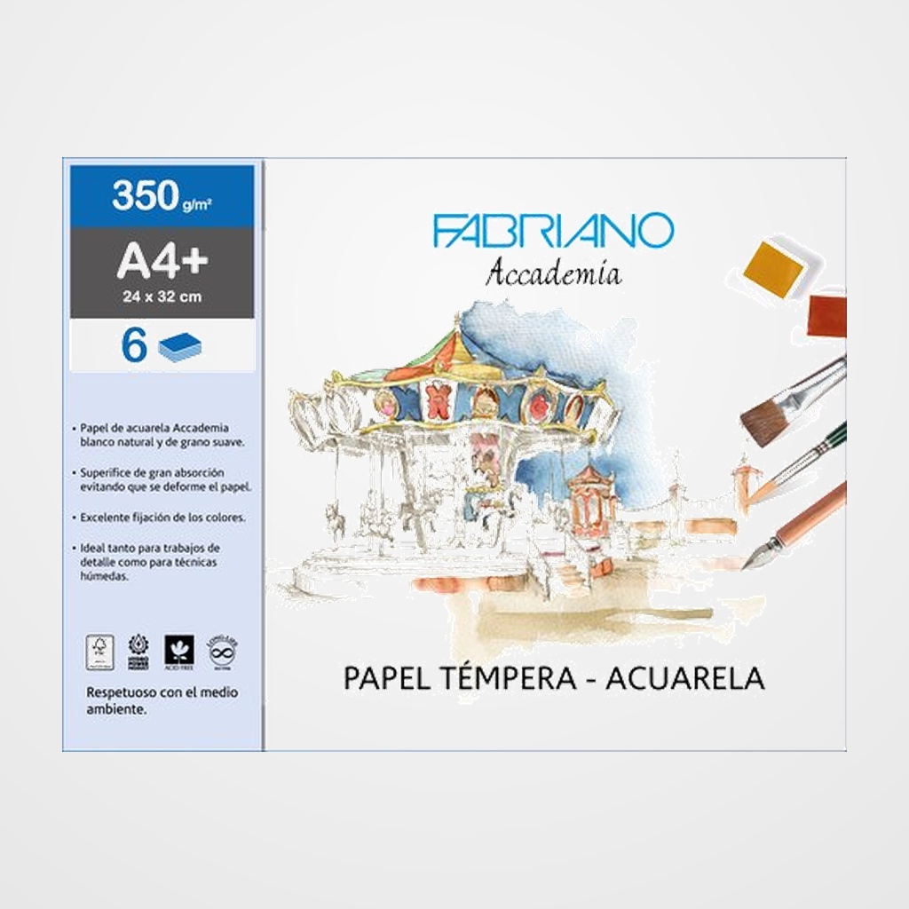 LAMINA FABRIANO ACUARELA 350 gr. 24x32cm (A4+) BOLSA DE 6