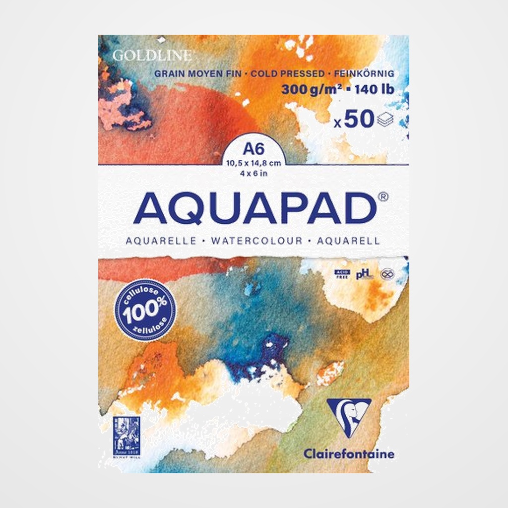 BLOC DE DIBUJO CLAIREFONTAINE AQUAPAD ENCOLADO BLANCO GRANO MEDIO-FINO TECNICAS HUMEDAS A6 300g 50h