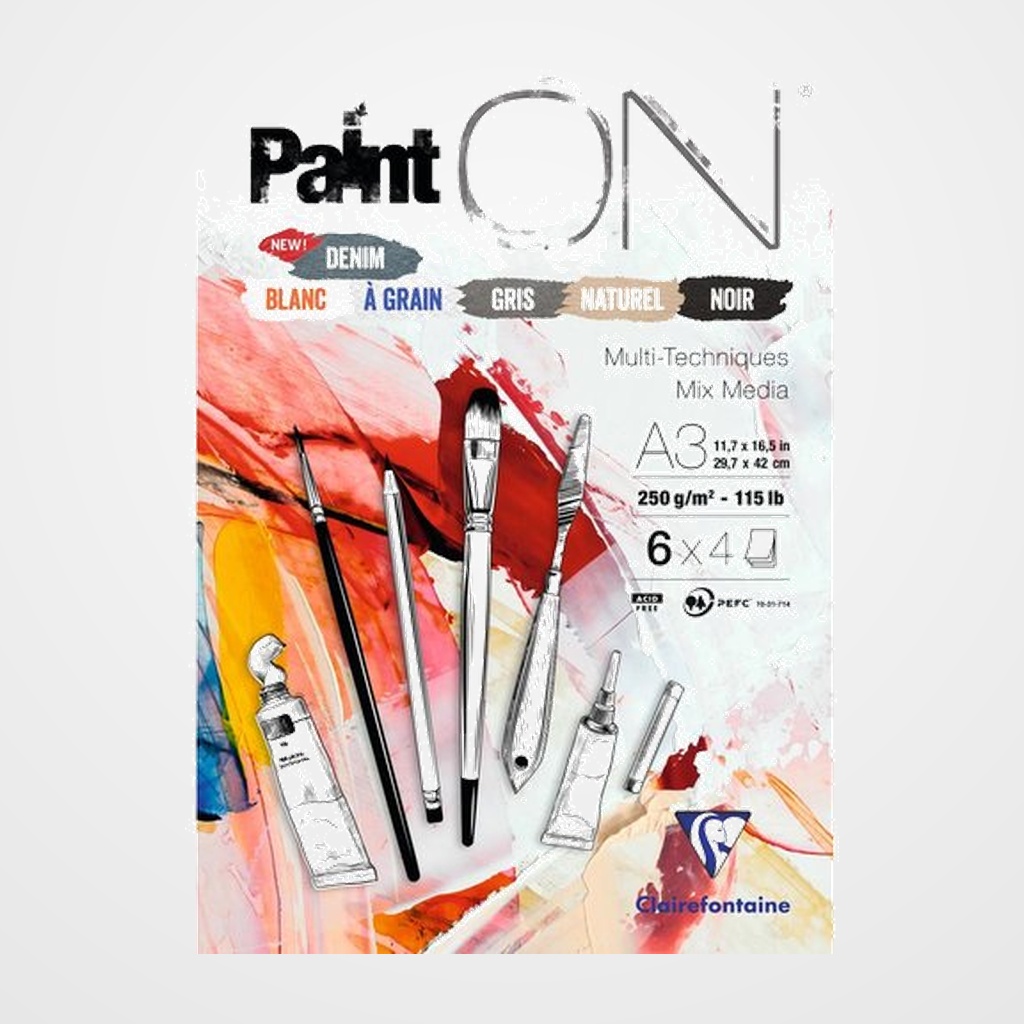 BLOC DE DIBUJO CLAIREFONTAINE PAINT ON MULTITECNICAS ENCOLADO A3 250g 24h COLORES (6 col x 4 hojas)