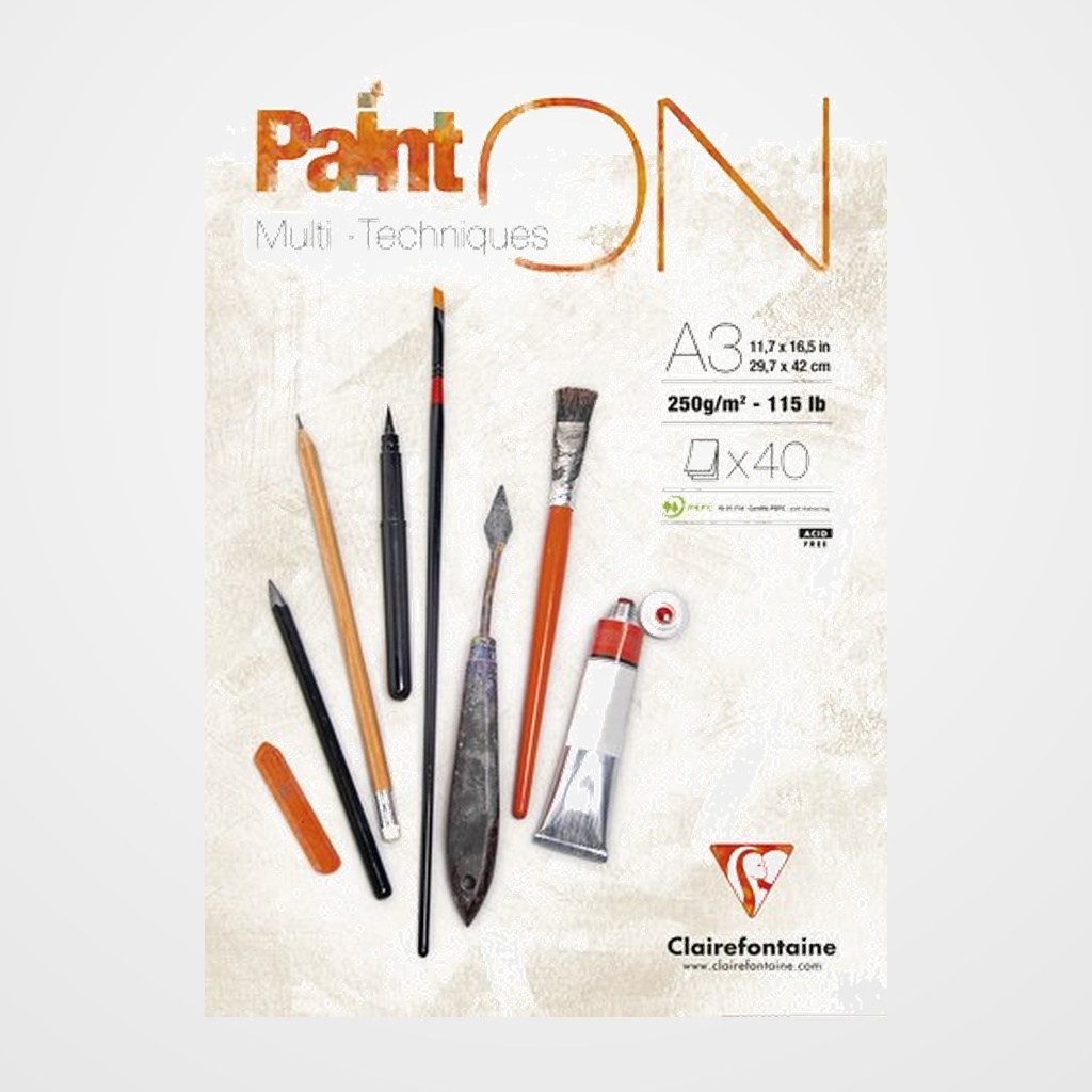 BLOC DE DIBUJO CLAIREFONTAINE PAINT ON MULTITECNICAS ENCOLADO A3 250g 40h
