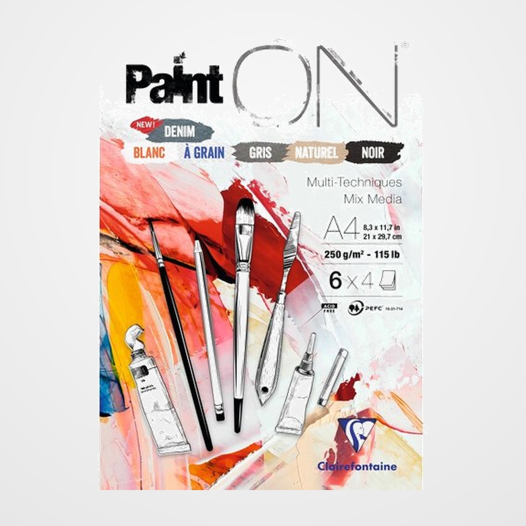 BLOC DE DIBUJO CLAIREFONTAINE PAINT ON MULTITECNICAS ENCOLADO A4 250g 24h COLORES (6 col x 4 hojas)