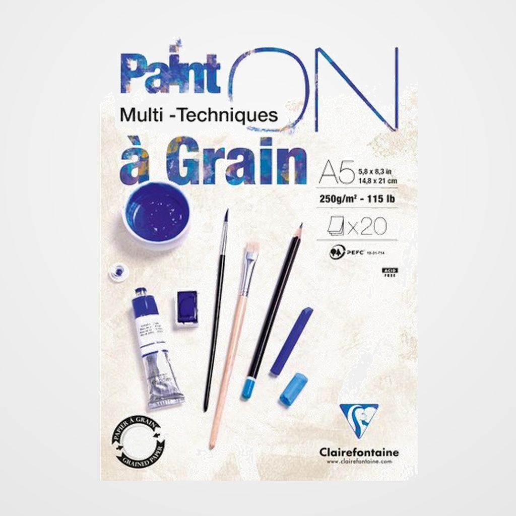 BLOC DE DIBUJO CLAIREFONTAINE PAINT ON MULTITECNICAS ENCOLADO CON GRANO A5 250g 20h