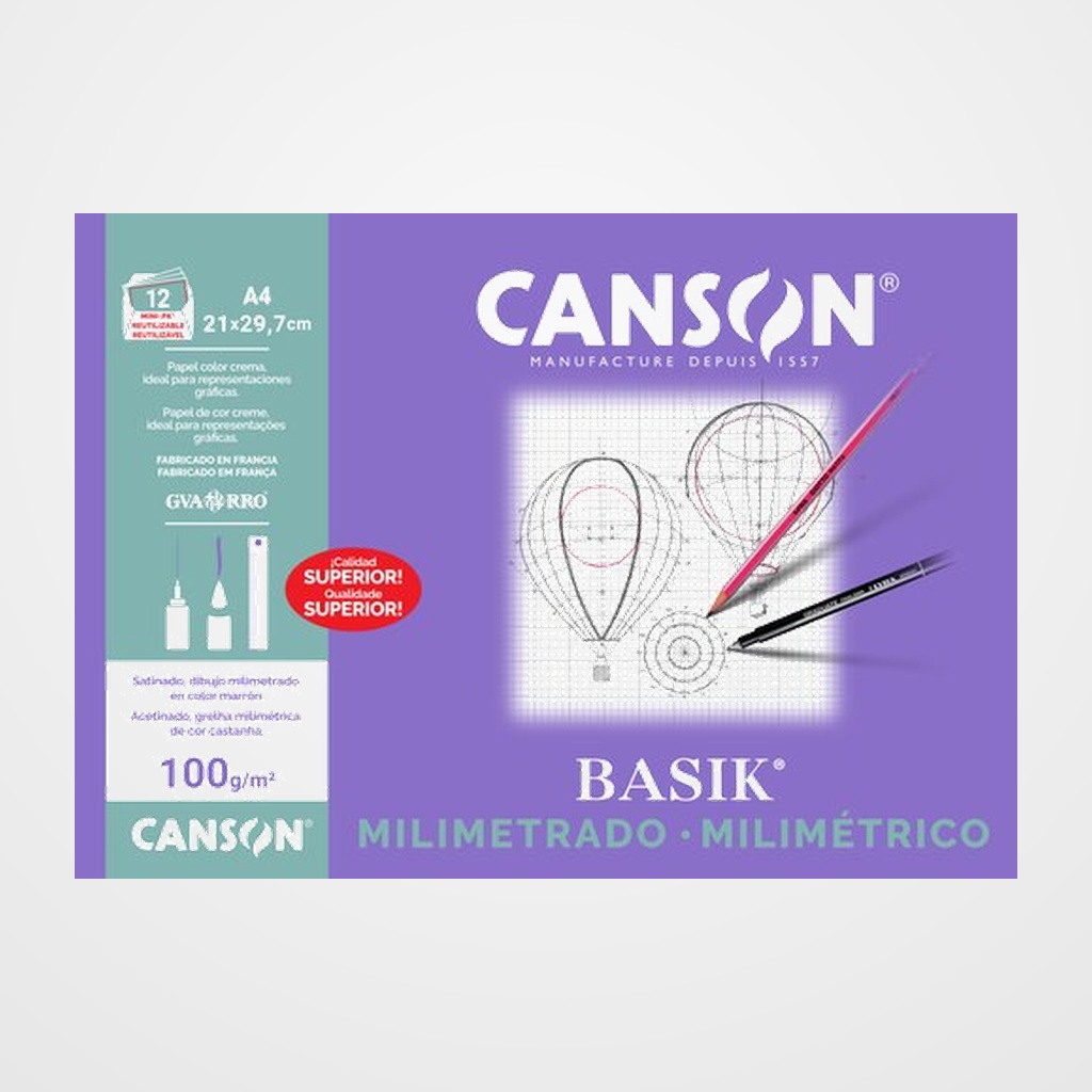 LAMINA GUARRO-CANSON MILIMETRADO BASIK 100g MINI-PACK de 12 A4
