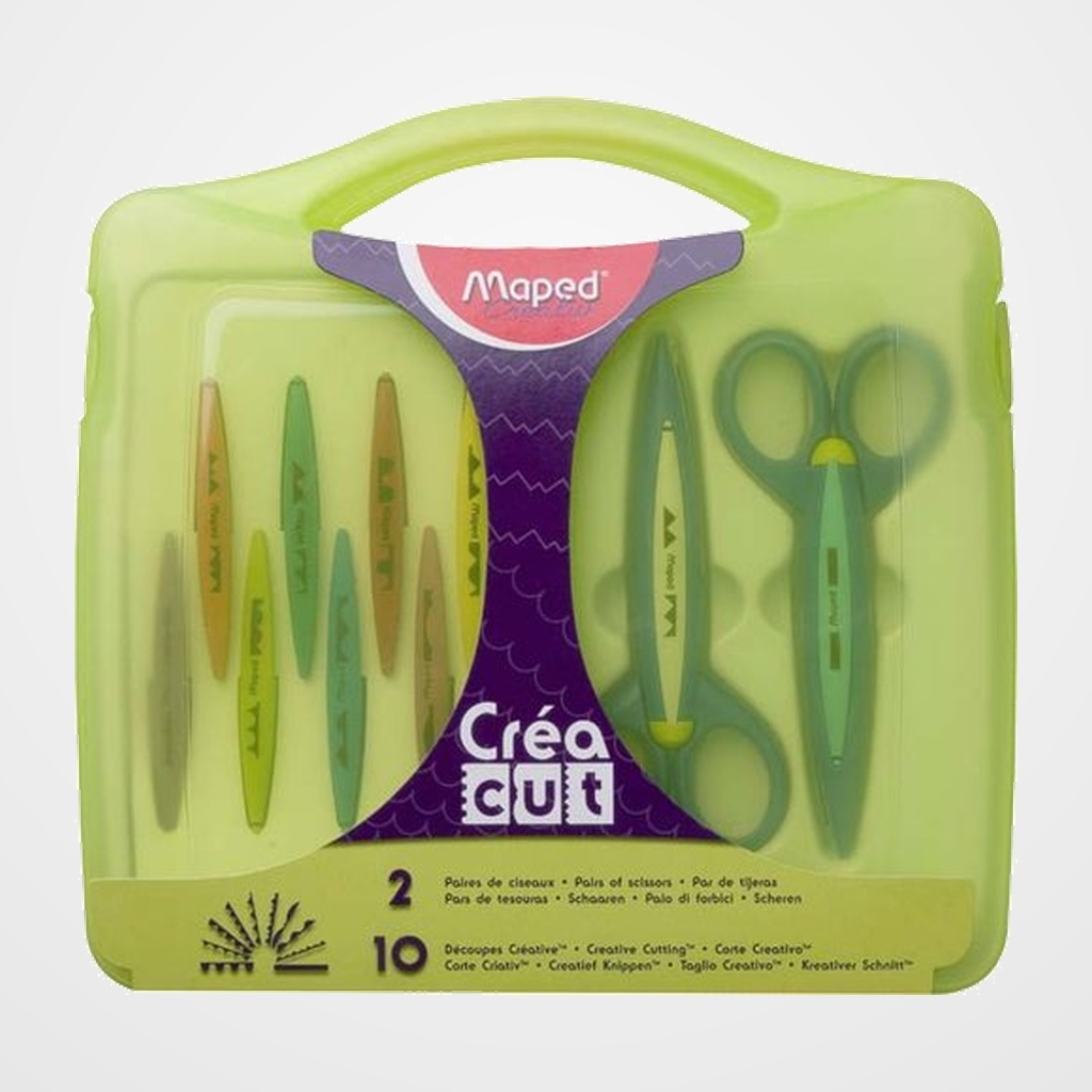TIJERAS ESCOLARES MAPED RECORTES CREATIVOS CREA CUT (FIBRA de VIDRIO) ESTUCHE DE 2+10 CORTES