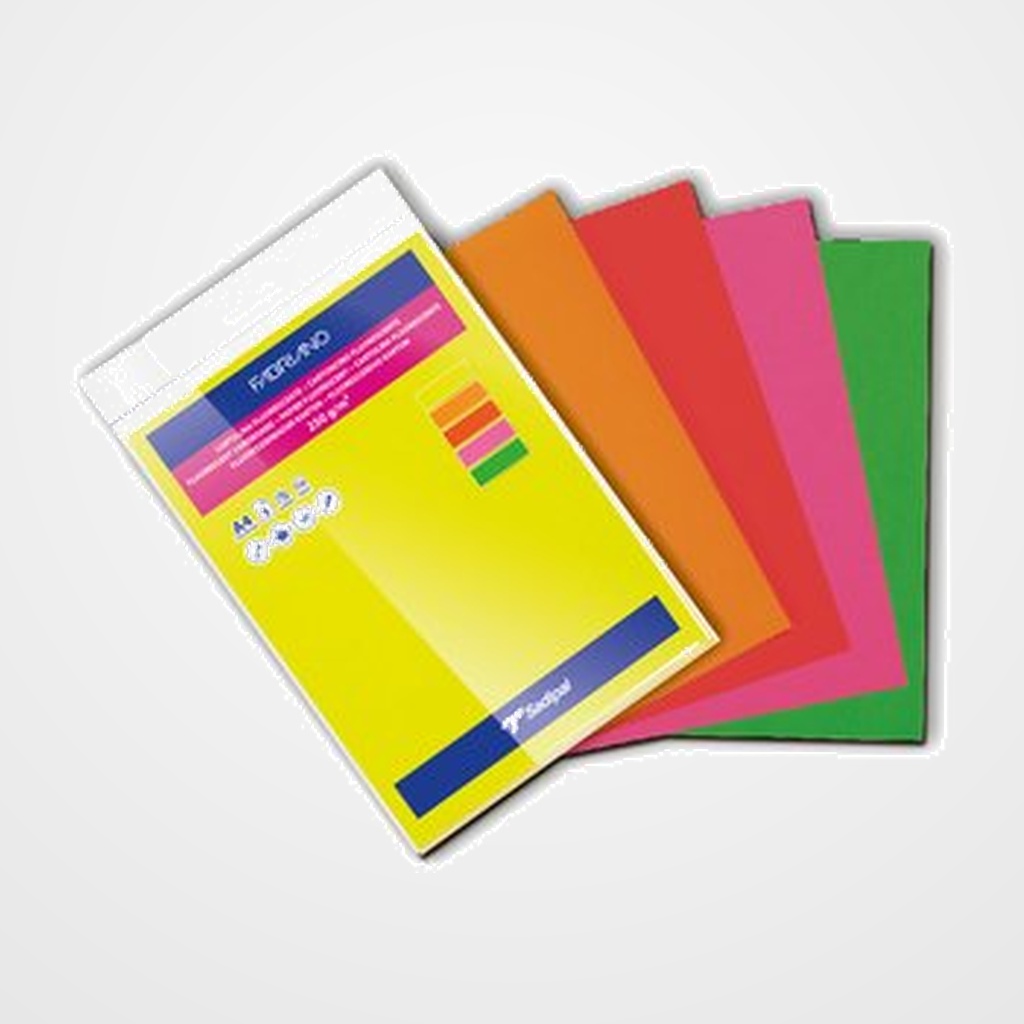 CARTULINA FLUOR A4 SADIPAL 250g SURTIDO PAQUETE de 5  (amarillo, magenta, naranja, rojo y verde)