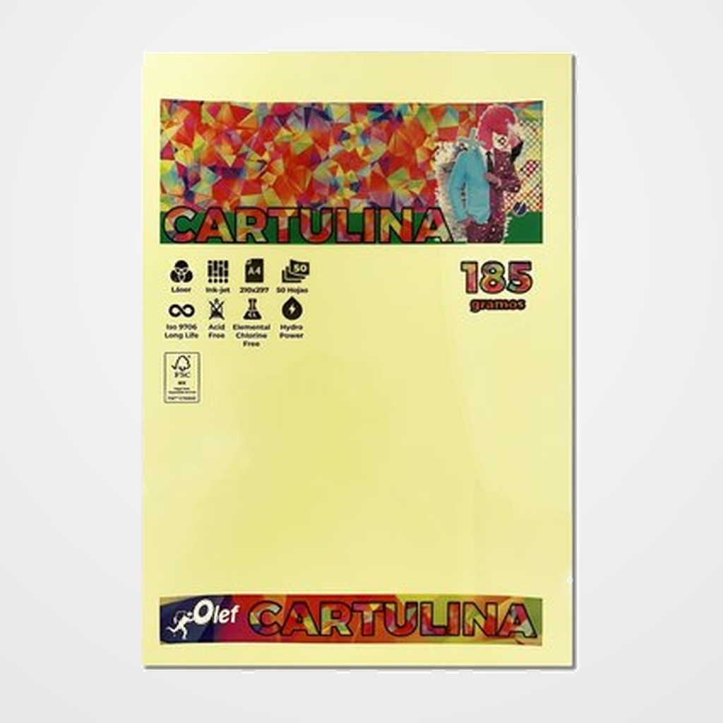 CARTULINA A4 OLEF 185g COLORES PALIDOS PAQUETE de 50