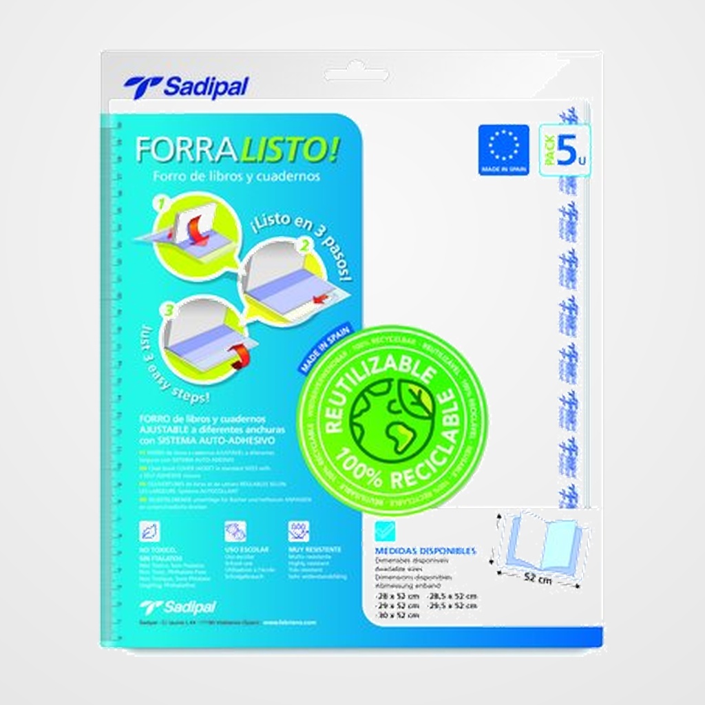 FORRO AJUSTABLE SADIPAL PP TRANS. 80µ 28 x 52 cm BLISTER de 5