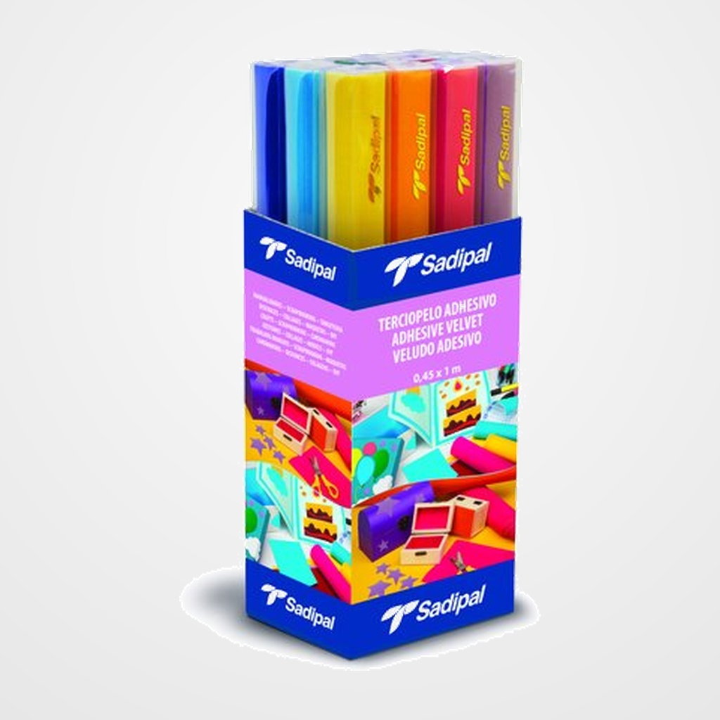 TERCIOPELO ADHESIVO ROLLO SADIPAL 0,45 x 1 m SURTIDO EXPOSITOR de 12 ROLLOS (1x COLOR)
