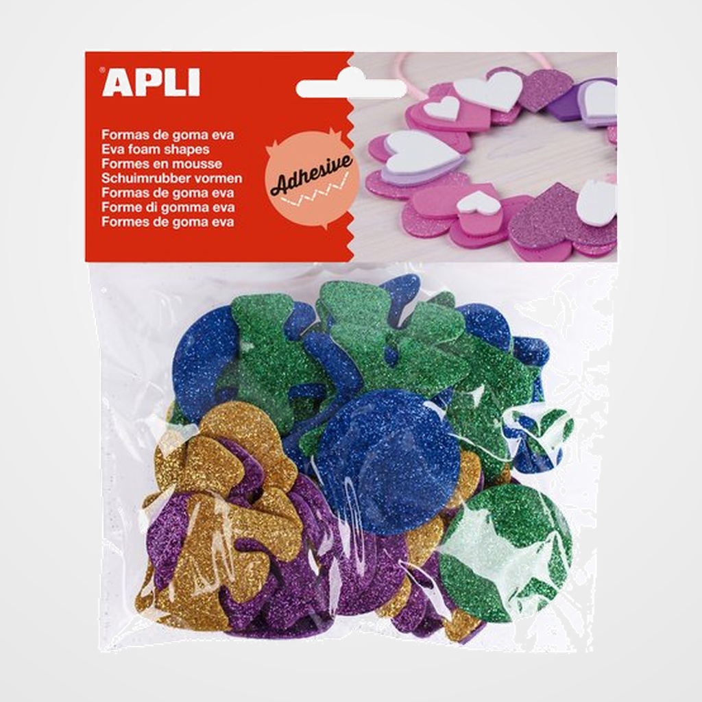 GOMA EVA APLI FORMAS ADHESIVAS con PURPURINA ALFABETO COLOR BOLSA de 52