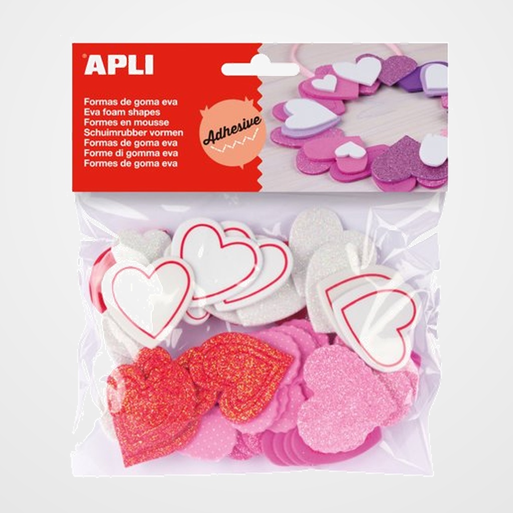 GOMA EVA APLI FORMAS ADHESIVAS con PURPURINA CORAZONES BOLSA de 52