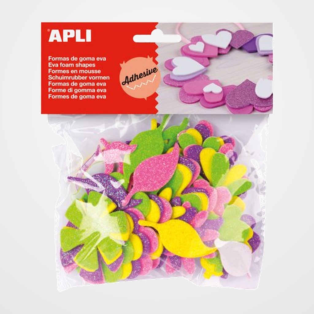 GOMA EVA APLI FORMAS ADHESIVAS con PURPURINA FLORES BOLSA de 48