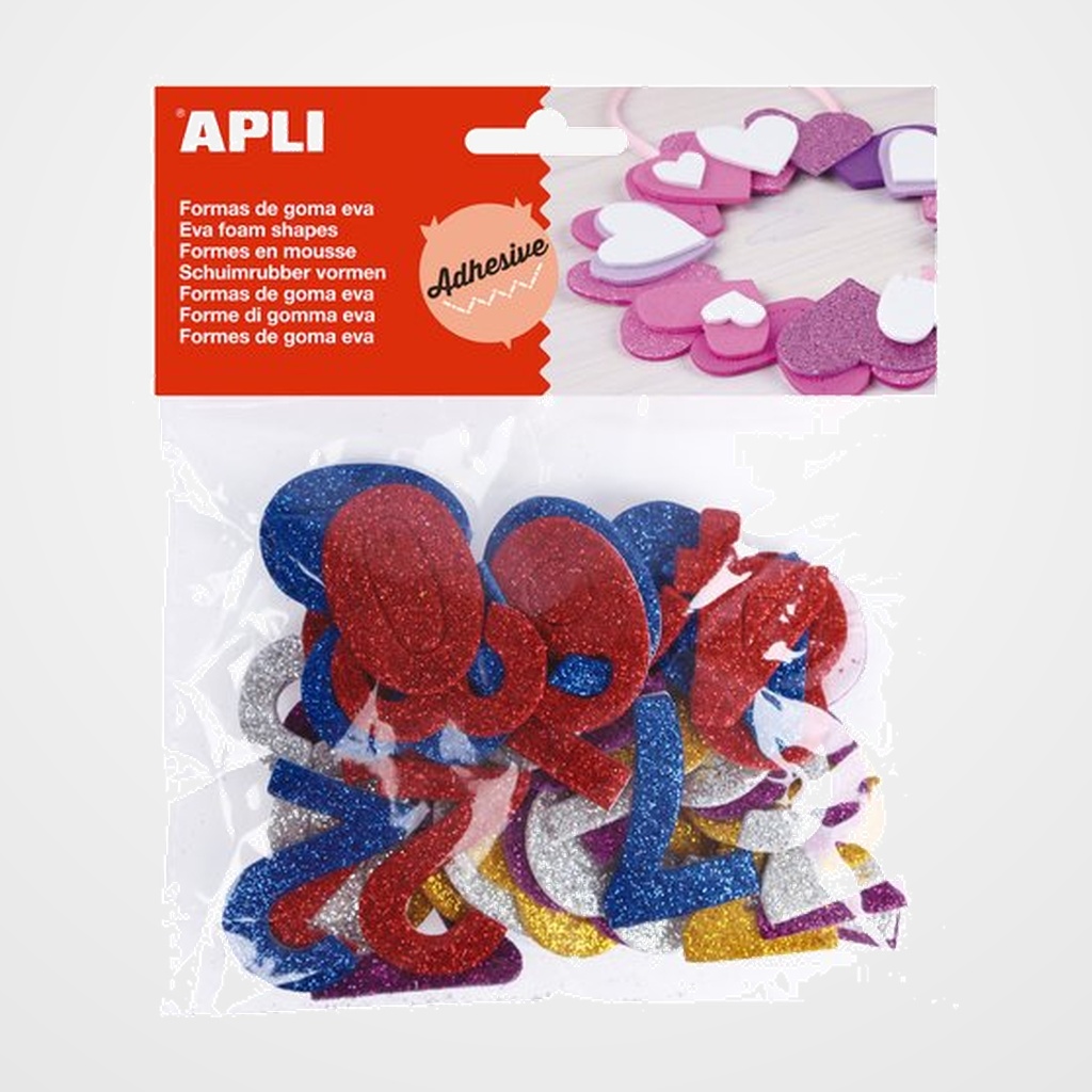 GOMA EVA APLI FORMAS ADHESIVAS con PURPURINA NUMEROS COLOR BOLSA de 50