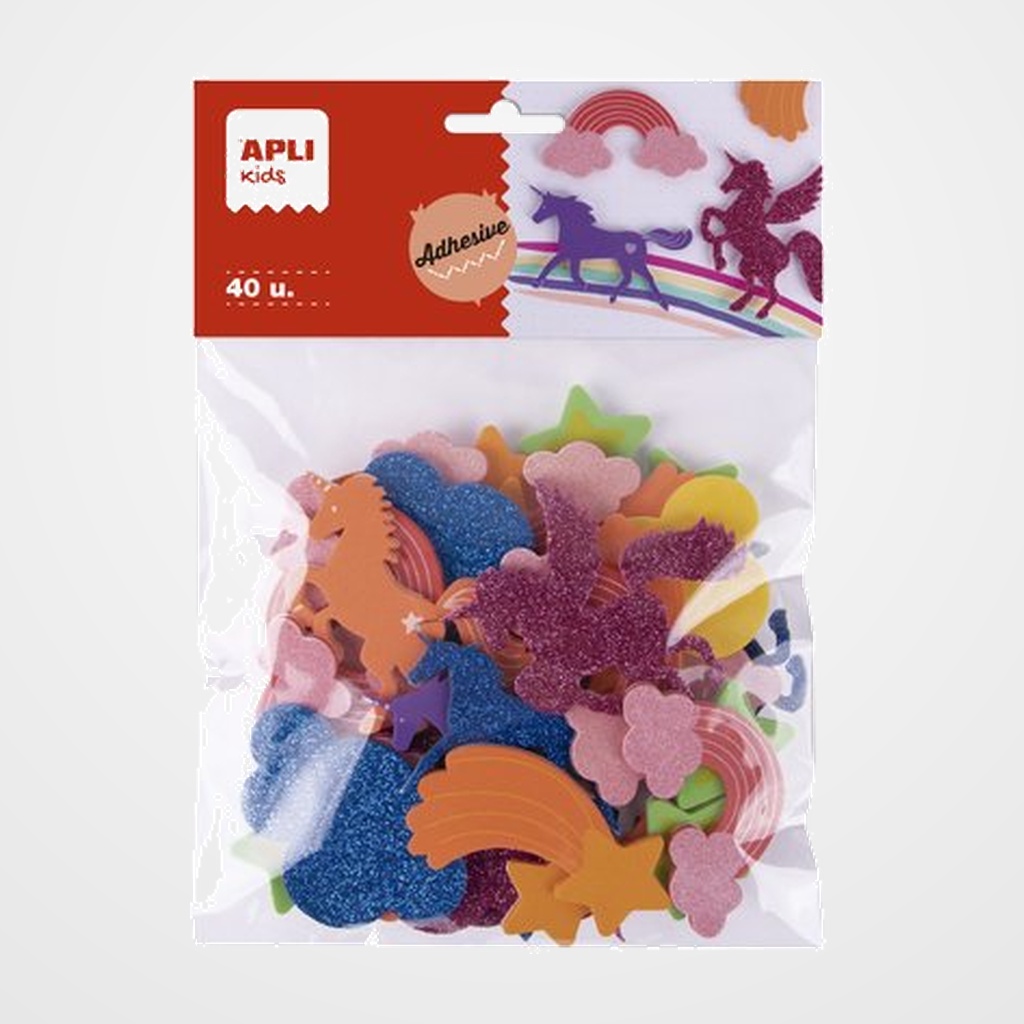 GOMA EVA APLI FORMAS ADHESIVAS con PURPURINA UNICORNIOS BOLSA de 40