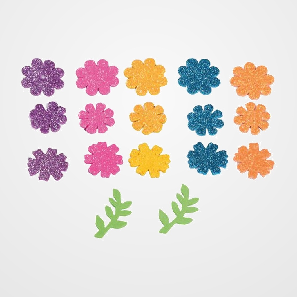 GOMA EVA FIXO KIDS ADHESIVA con PURPURINA FLORES PACK 58 FIGURAS