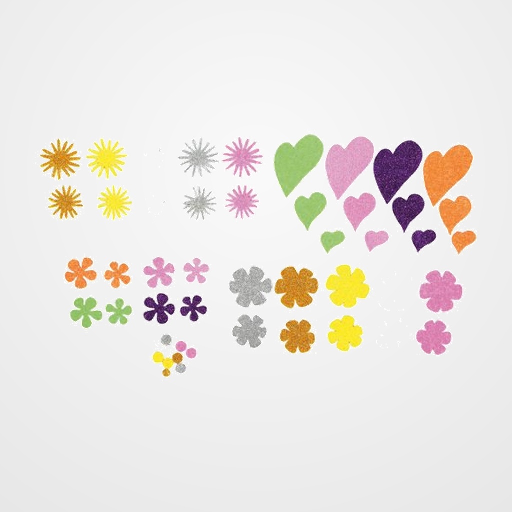 GOMA EVA FIXO KIDS ADHESIVA con PURPURINA FLORES Y CORAZONES PACK 64 FIGURAS