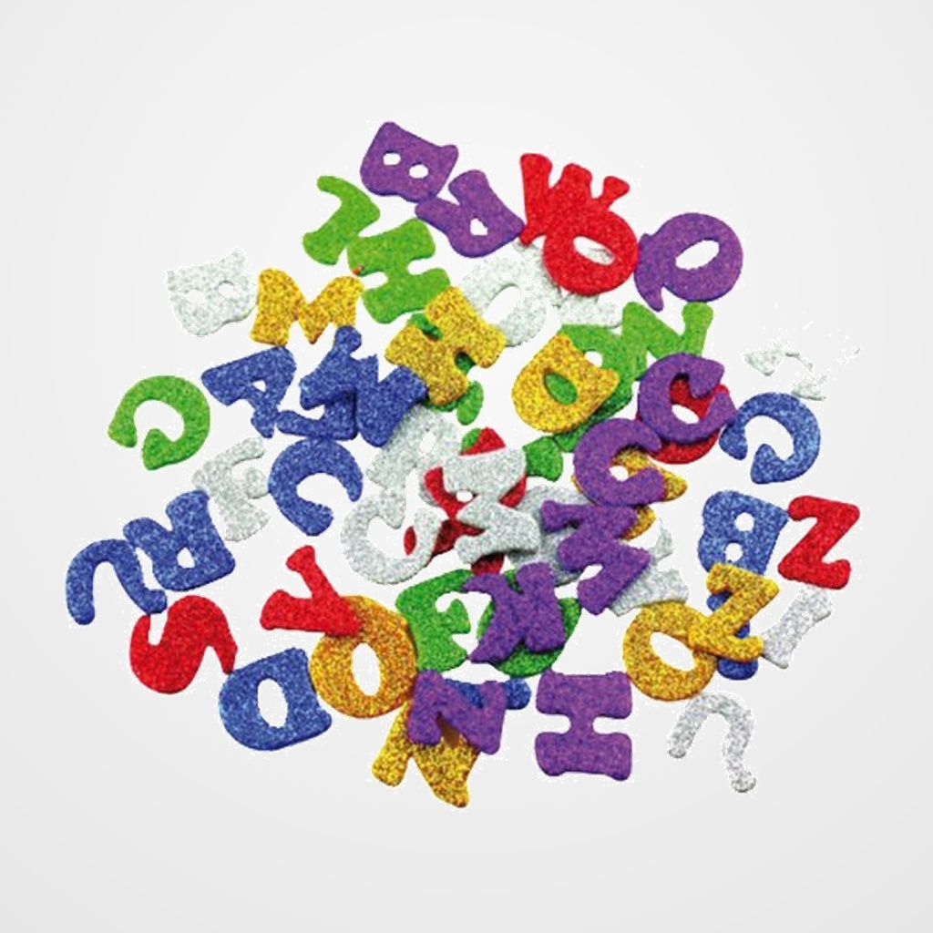 GOMA EVA FIXO KIDS ADHESIVA con PURPURINA LETRAS PACK 78 FIGURAS