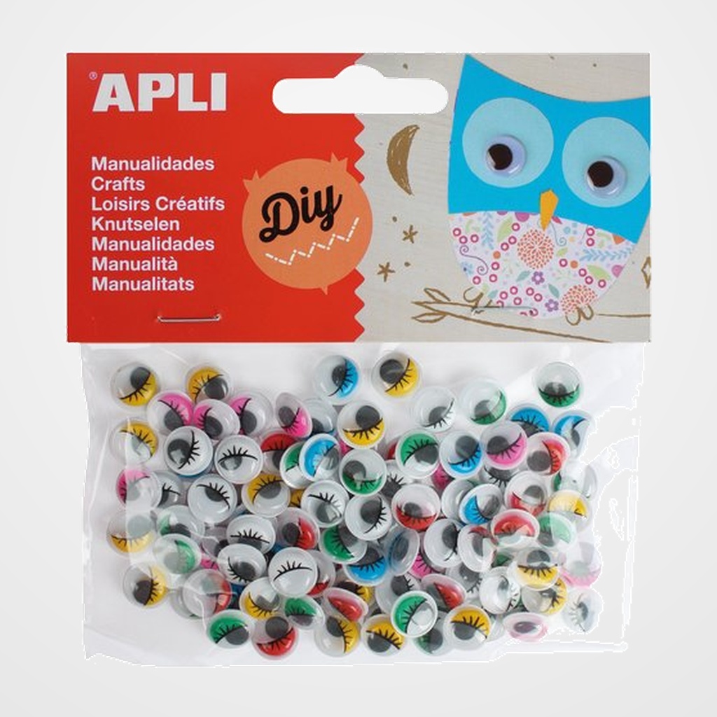 OJOS MOVILES APLI REDONDOS PESTAÑAS 10 mm. COLORES BOLSA de 100