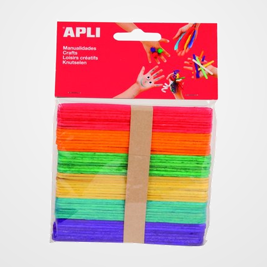 PALILLOS PLANOS APLI MADERA COLORES FINOS 11,4 cm. BOLSA de 50
