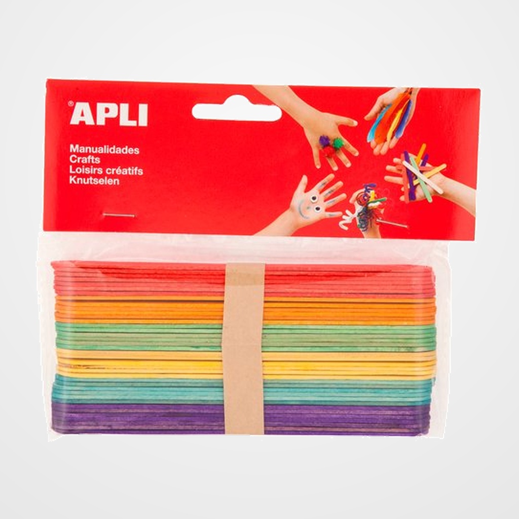 PALILLOS PLANOS APLI MADERA COLORES JUMBO 15 cm. BOLSA de 40