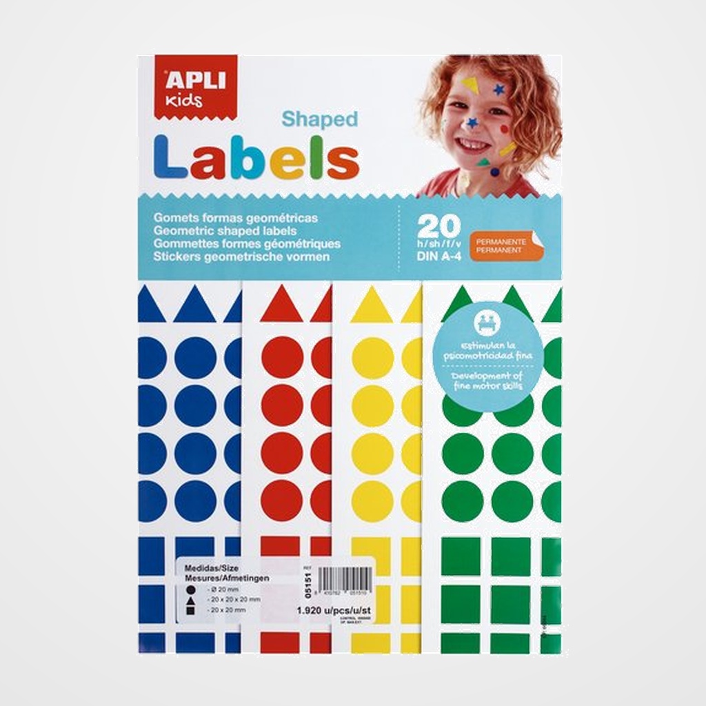 GOMETS APLI  BLISTER 20h A4 FIGURAS GEOM. (CL.,TR.,CD.) 20 mm 4 col.surt.(AM-AZ-RJ-VD) 1.920 uds. (05151)