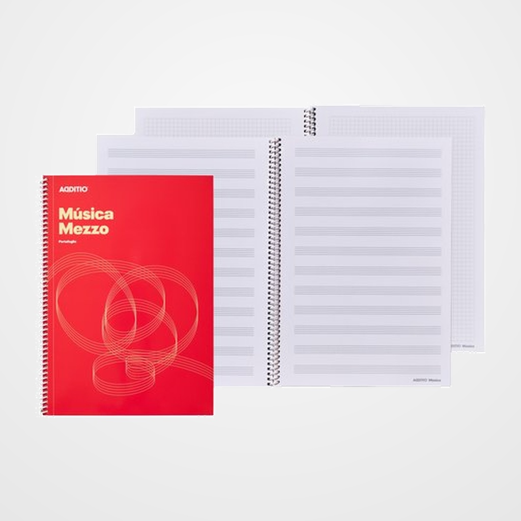 BLOC de MUSICA ADDITIO MEZZO 12 PENTAGRAMAS A4 ESPIRAL MICROPERFORADO SEPARADOR PORTAPARTITURAS PAGINAS FINALES PARA ANOTACIONES
