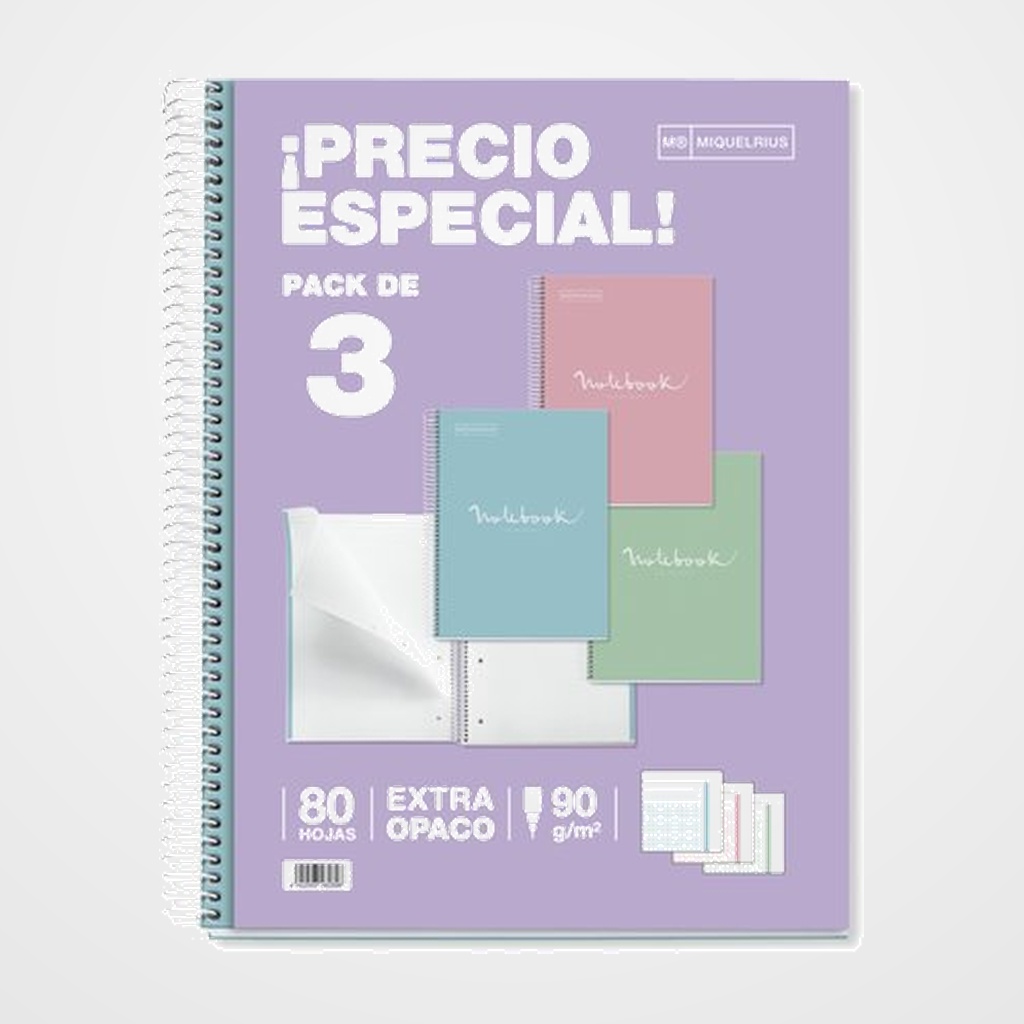 BLOC MIQUELRIUS EMOTIONS NOTEBOOK 1 micro.tapa EXTRA A4 80h 90g CUADRIC.5x5 COLORES PASTEL SURTIDO PACK de 3