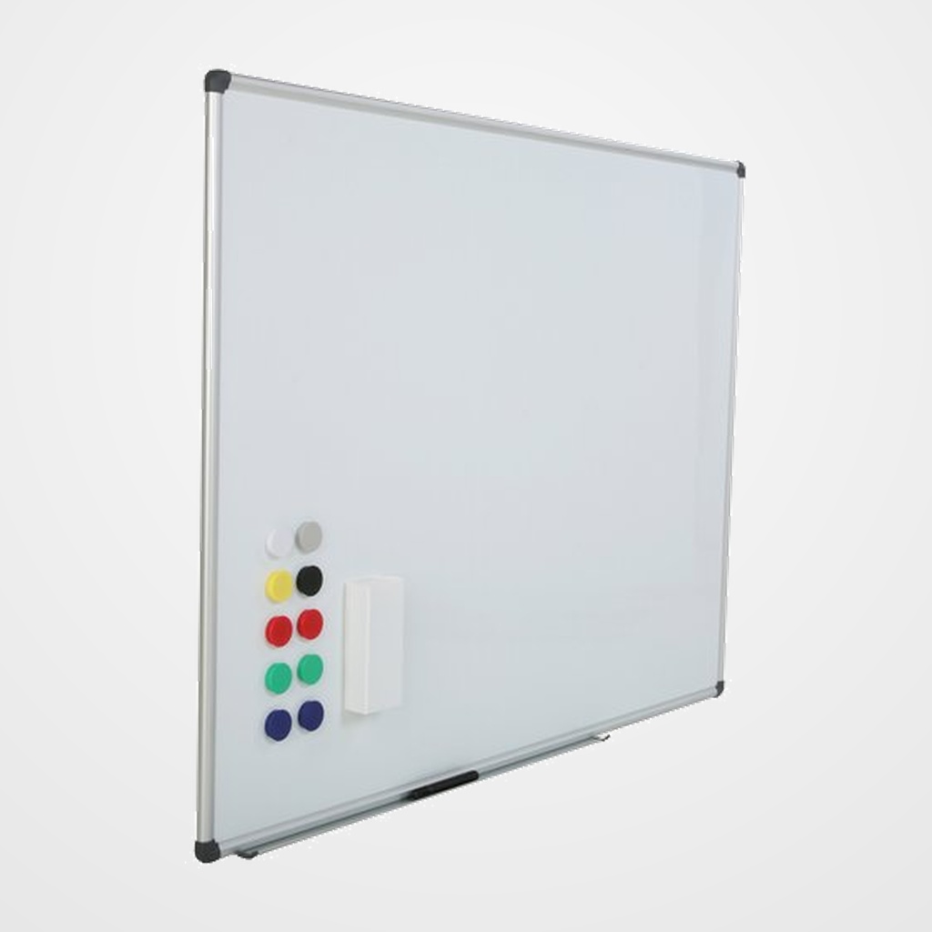 PIZARRA BLANCA ROCADA MAGNETICA VITRIFICADA MARCO ALUMINIO 120x150 cm con CAJETIN