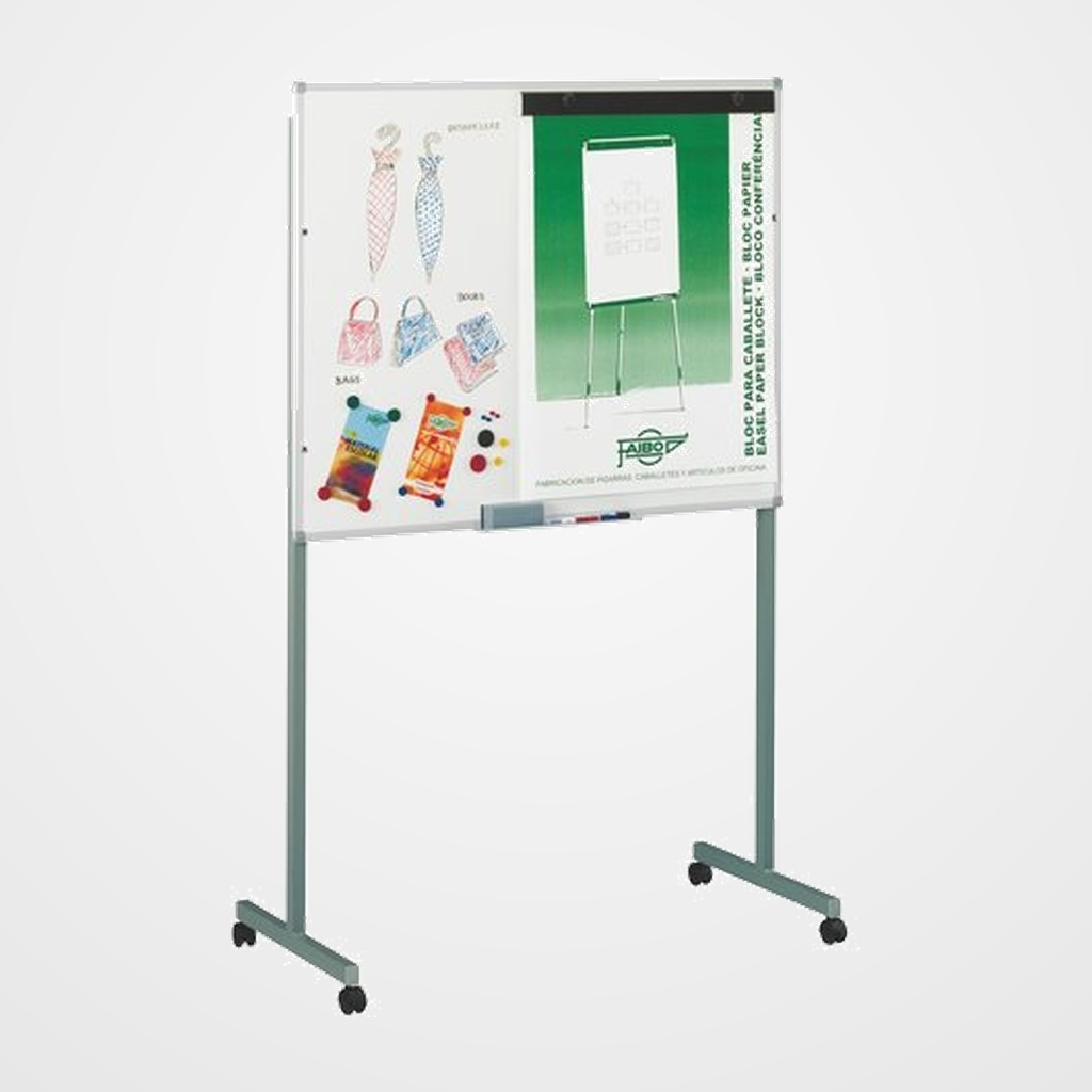 PIZARRA BLANCA FAIBO MAGNETICA VITRIFICADA 122x100 cm con SOPORTE METALICO con RUEDAS, PINZA para BLOCK y CAJETIN de 40 cm