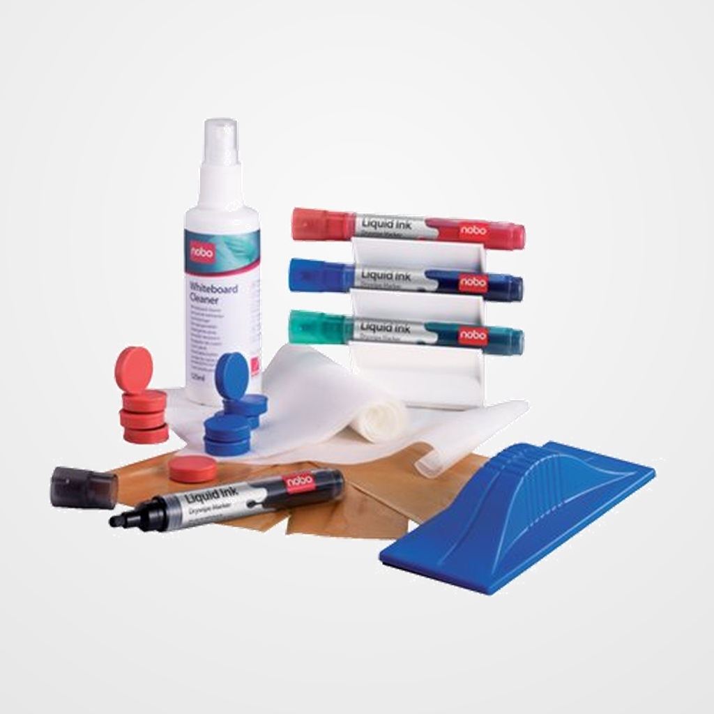 KIT NOBO para PIZARRA BLANCA COMPLETO (4 MARCADORES, BORRADOR, RECAMBIOS DE BORRADOR, TRAPOS MICROFIBRA, 10 IMANES y SPRAY 125 ml)