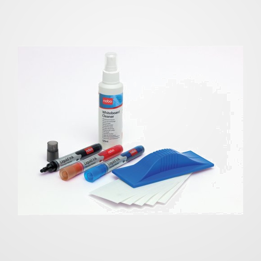 KIT NOBO para PIZARRA BLANCA INICIO (3 MARCADORES, BORRADOR, RECARGA DEL BORRADOR y SPRAY 125 ml)