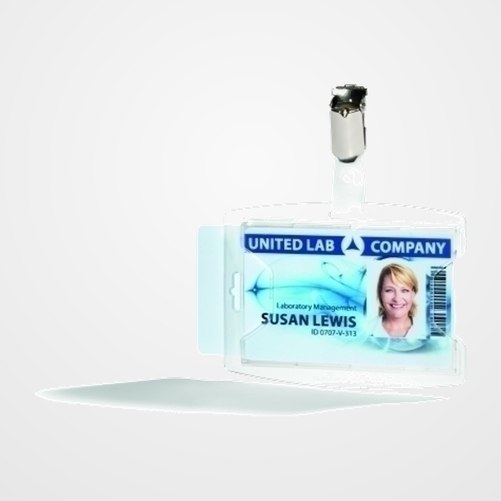FUNDA DISTINTIVO DURABLE reXycle con PINZA PARA 2 TARJETAS DE IDENTIFICACION TRANSPARENTE PAQUETE de 25