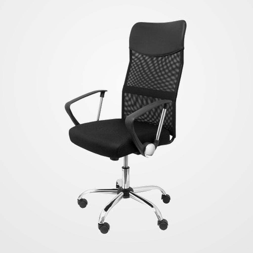 SILLA PIQUERAS Y CRESPO GONTAR BRAZOS FIJOS MECANISMO BASCULANTE REGULABLE EN ALTURA BASE CROMADA RUEDAS PARQUET RESPALDO MALLA TRANSPIRABLE NEGRA Y ASIENTO TAPIZADO MALLA NEGRO