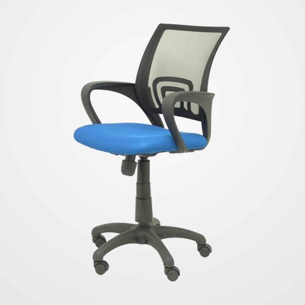 SILLA PIQUERAS Y CRESPO VIANOS BRAZOS FIJOS MECANISMO BASCULANTE CON REGULADOR DE PRESION ELEVACION DEL ASIENTO EN ALTURA RESPALDO MALLA TRANSPIRABLE NEGRA Y TAPIZADO ARAN AZUL