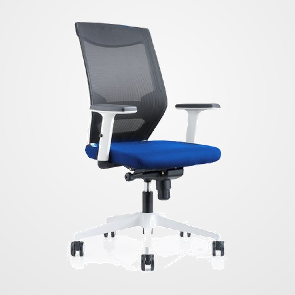 SILLA ROCADA BLANCA MECANISMO SINCRO SOPORTE LUMBAR RESPALDO Y BRAZOS REGULABLES EN ALTURA  TAPIZADO TELA IGNIFUGA AZUL
