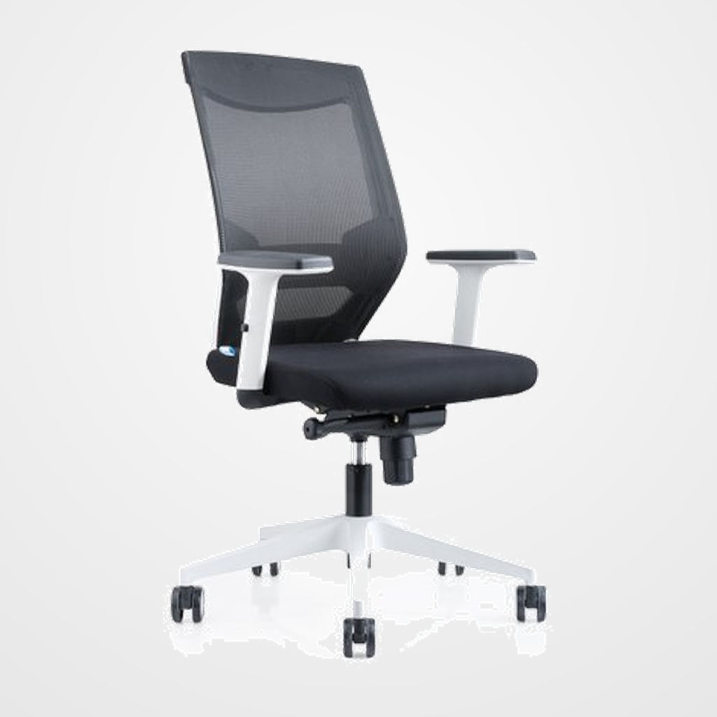 SILLA ROCADA BLANCA MECANISMO SINCRO SOPORTE LUMBAR RESPALDO Y BRAZOS REGULABLES EN ALTURA  TAPIZADO TELA IGNIFUGA NEGRO