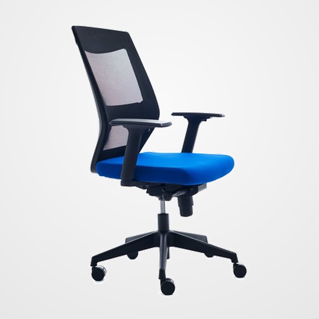 SILLA ROCADA MECANISMO SINCRO SOPORTE LUMBAR RESPALDO Y BRAZOS REGULABLES EN ALTURA  TAPIZADO TELA IGNIFUGA AZUL