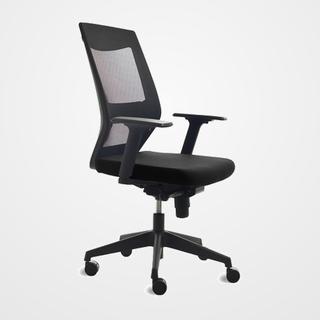 SILLA ROCADA MECANISMO SINCRO SOPORTE LUMBAR RESPALDO Y BRAZOS REGULABLES EN ALTURA  TAPIZADO TELA IGNIFUGA NEGRO