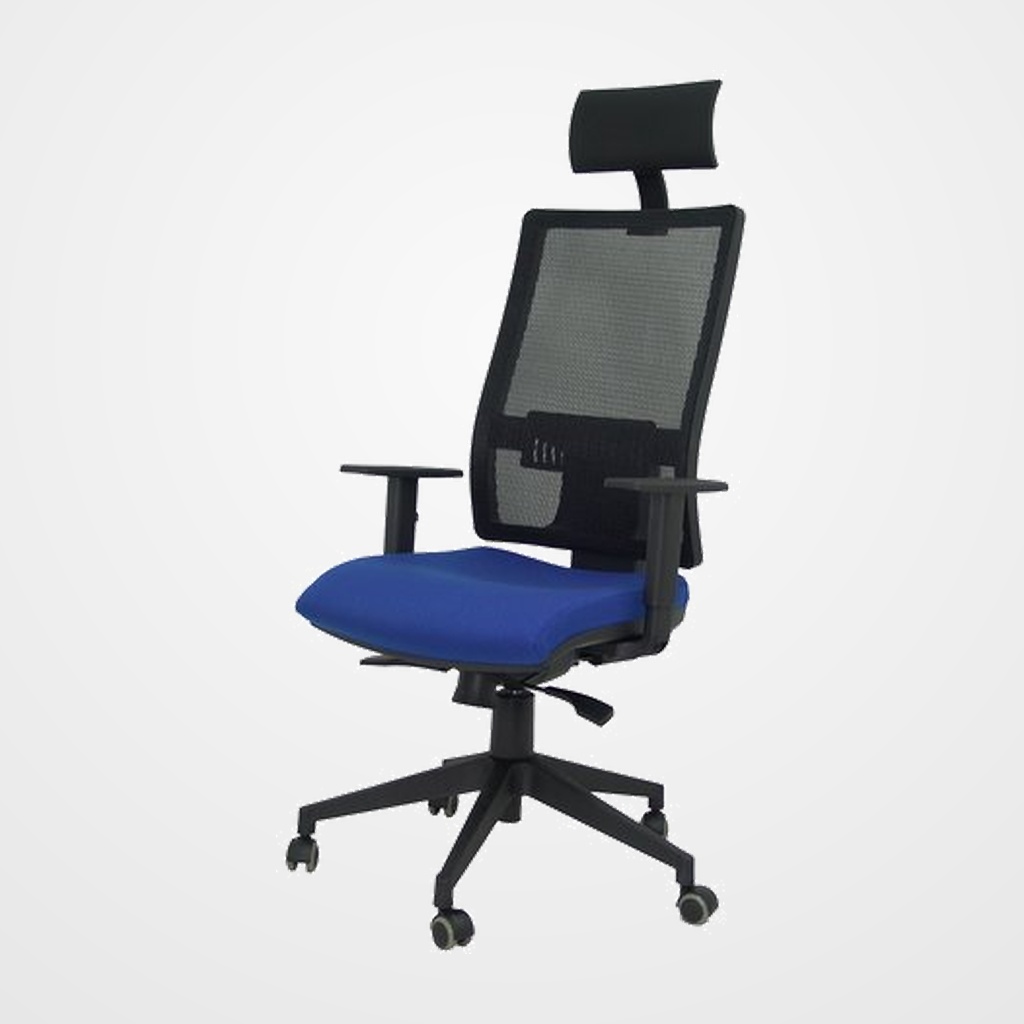 SILLA PIQUERAS Y CRESPO HORNA BRAZOS REGULABLES CABECERO INCLUIDO MECANISMO SINCRO APOYO LUMBAR RESPALDO MALLA TRANSPIRABLE Y ASIENTO TAPIZADO BALI AZUL