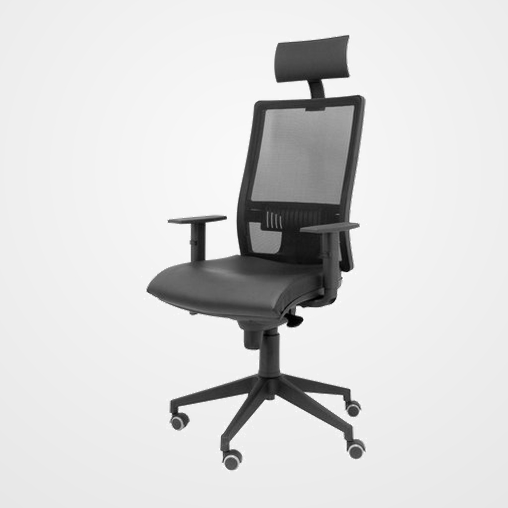 SILLA PIQUERAS Y CRESPO HORNA BRAZOS REGULABLES CABECERO INCLUIDO MECANISMO SINCRO APOYO LUMBAR RESPALDO MALLA TRANSPIRABLE Y ASIENTO TAPIZADO PIEL NEGRO