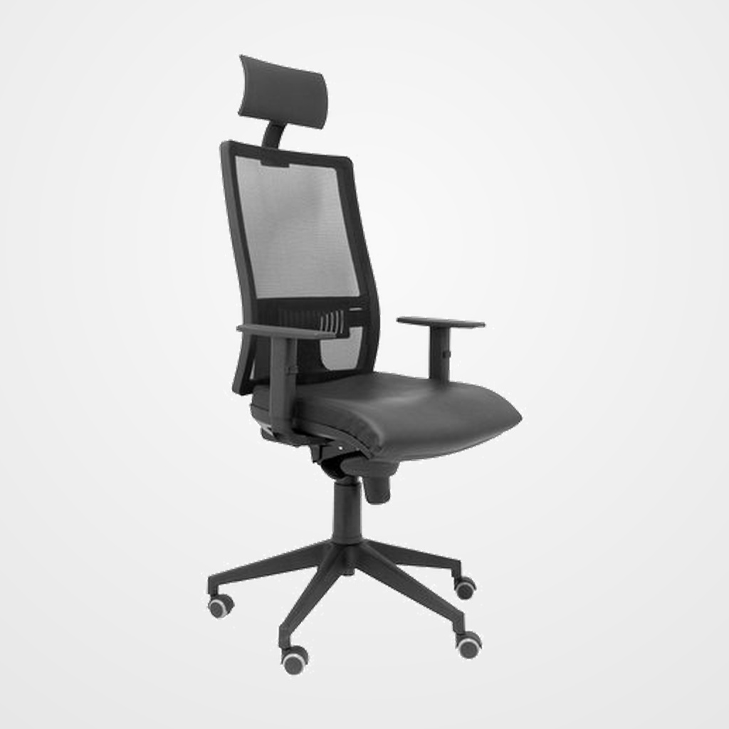 SILLA PIQUERAS Y CRESPO HORNA BRAZOS REGULABLES CABECERO INCLUIDO MECANISMO SINCRO APOYO LUMBAR RESPALDO MALLA TRANSPIRABLE Y ASIENTO TAPIZADO SIMILPIEL NEGRO