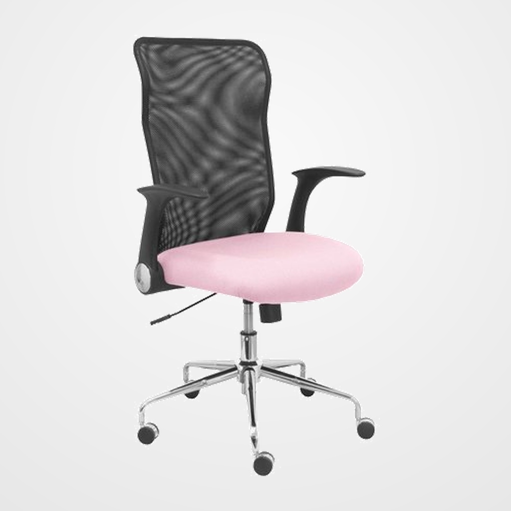SILLA PIQUERAS Y CRESPO MINAYA BRAZOS RETRACTILES MECANISMO BASCULANTE ERGONOMICA RESPALDO MALLA TRANSPIRABLE NEGRA ASIENTO TAPIZADO BALI ROSA PALIDO