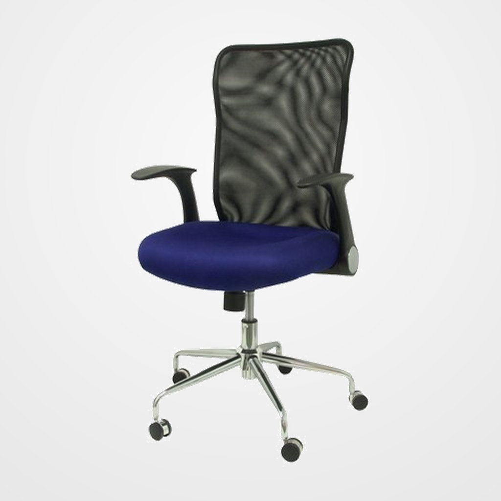 SILLA PIQUERAS Y CRESPO MINAYA BRAZOS RETRACTILES MECANISMO BASCULANTE ERGONOMICA RESPALDO MALLA TRANSPIRABLE NEGRA Y ASIENTO TAPIZADO EN TEJIDO 3D AZUL